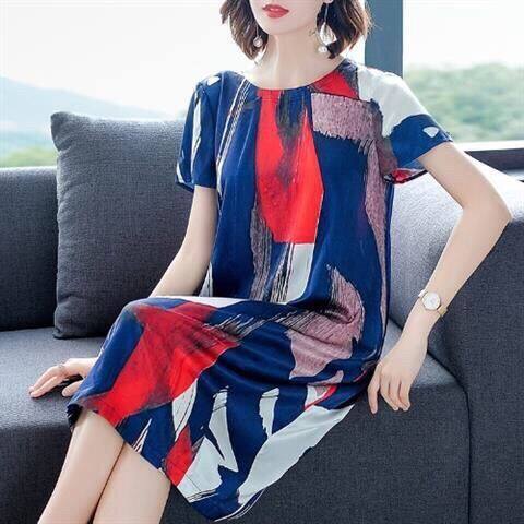 New Women Summer Faux Silk Loose Casual Dress Elegant Office Lady Plus Size O-Neck Dresses Female Vintage