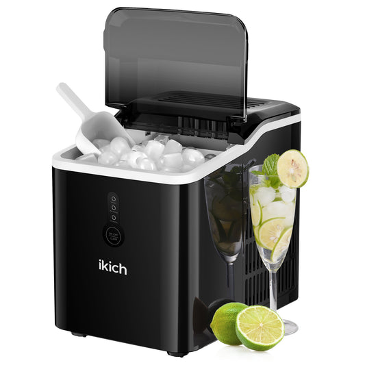 Ikich Portable Countertop Ice Maker with Self-Cleaning/LED Display/Scoop Basket, 26Lbs in 24 hours, 9 Ice Cubes Ready in 7 Mins, Including Scoop and Removable Basket, Perfect for Home/Bar/RV/Party