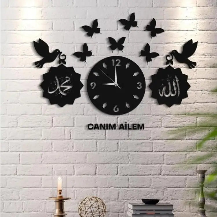 Bird Butterfly Clock,ALLAH MUHAMMAD written Arabic islamic wall clock For Home And Offices,Laser Cut Bird Butterfly Decorative Wall Clock