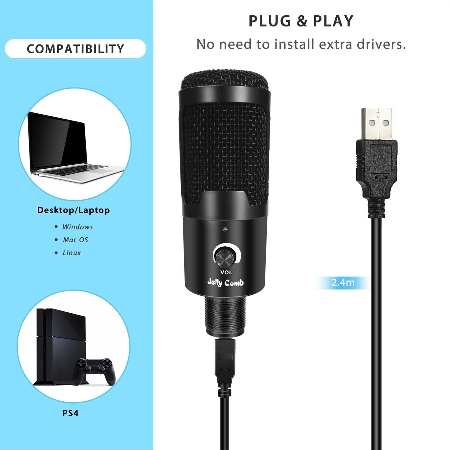 Jelly Comb USB Microphone Kit, 192KHZ24Bit Professional PC Condenser Mic with Sturdy Boom Arm and Pop Filter for Recording, Gaming, YouTube - Plug & Play