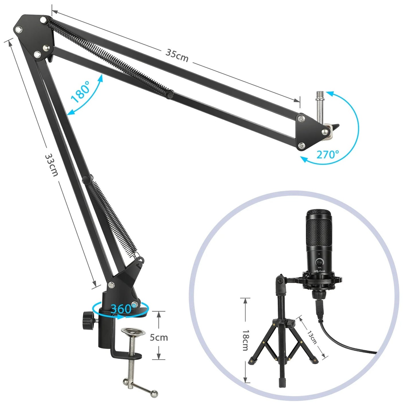 Jelly Comb USB Microphone Kit, 192KHZ24Bit Professional PC Condenser Mic with Sturdy Boom Arm and Pop Filter for Recording, Gaming, YouTube - Plug & Play