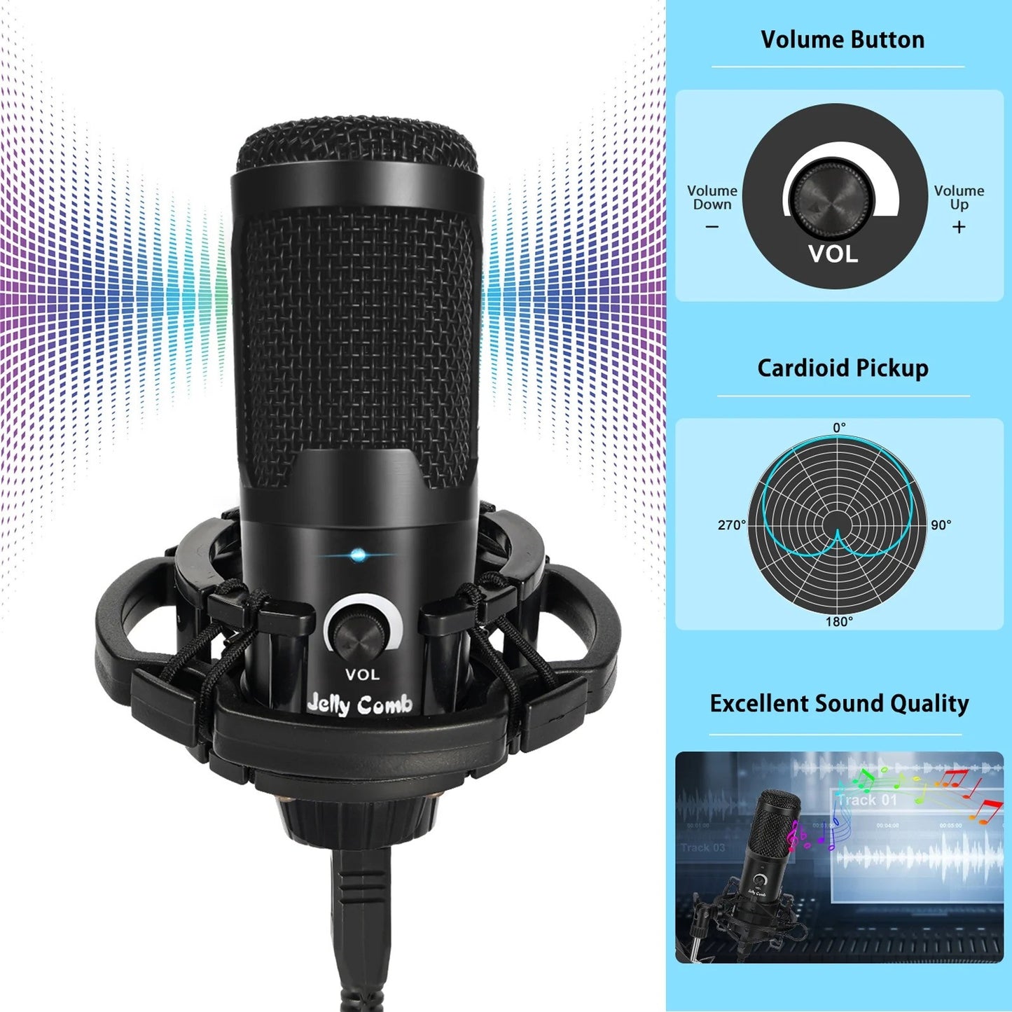 Jelly Comb USB Microphone Kit, 192KHZ24Bit Professional PC Condenser Mic with Sturdy Boom Arm and Pop Filter for Recording, Gaming, YouTube - Plug & Play