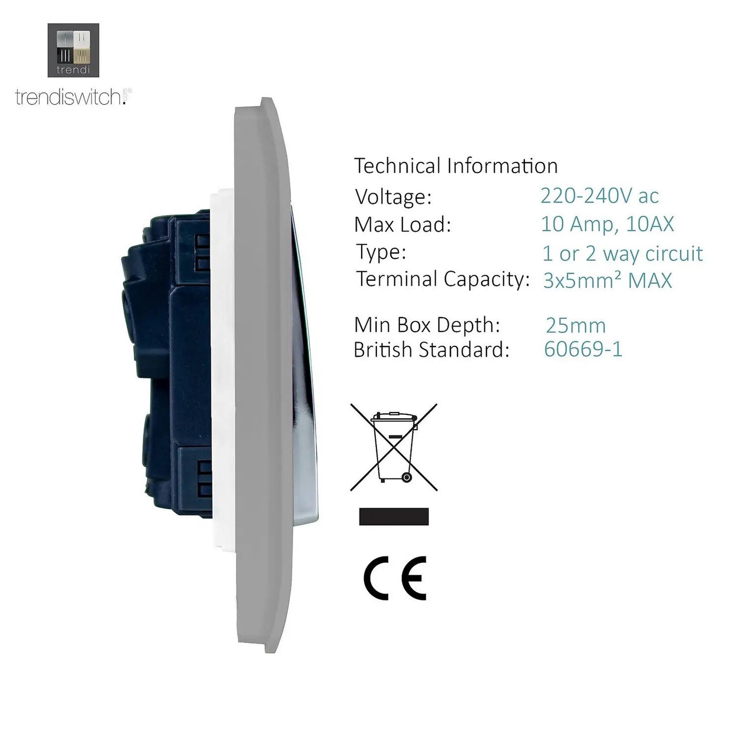 Trendi Switch 1 Gang 2 Way 10Amp Light Switch in Light Grey