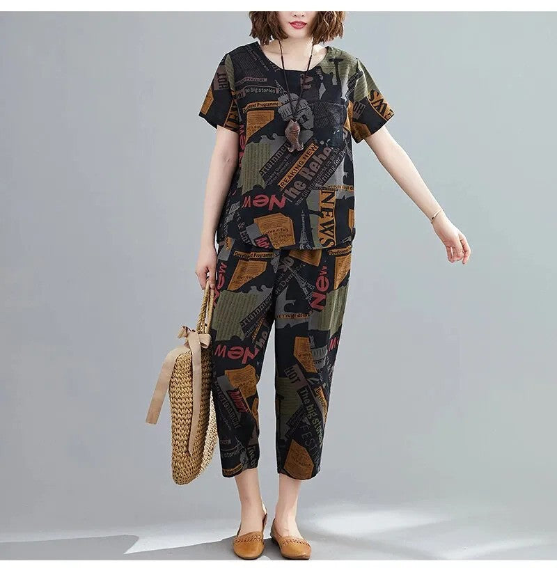 two piece set women Cotton Linen Summer Loose tshirt Lady Tops Shirt and Harem Pants Fashion Letter Print ropa mujer