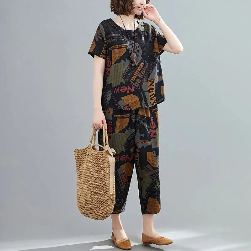 two piece set women Cotton Linen Summer Loose tshirt Lady Tops Shirt and Harem Pants Fashion Letter Print ropa mujer