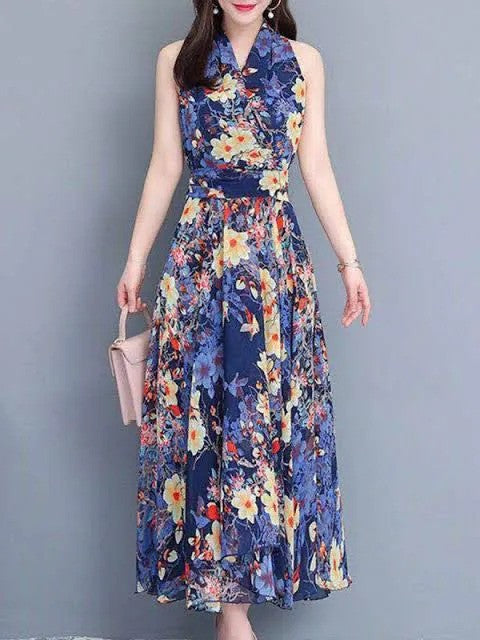 Floral Halter Neckline Sleeveless Maxi X-line Dress