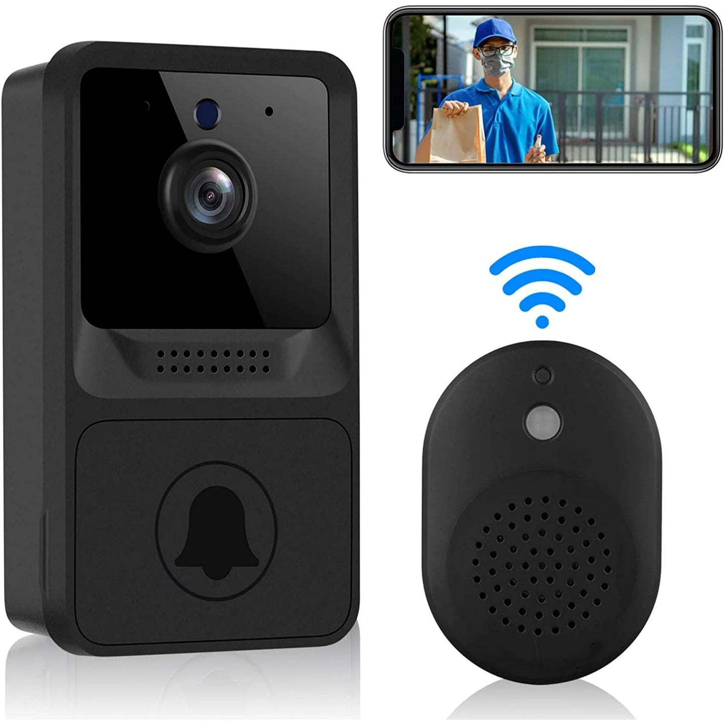 Wireless Doorbell Camera with Chime, WiFi Video Doorbell, Home Security Camera Door Bell Kits with Free Cloud Storage, Photo Capcture, Rechargeable Battery, 2-Way Audio, Real-time Alerts, Night Vision