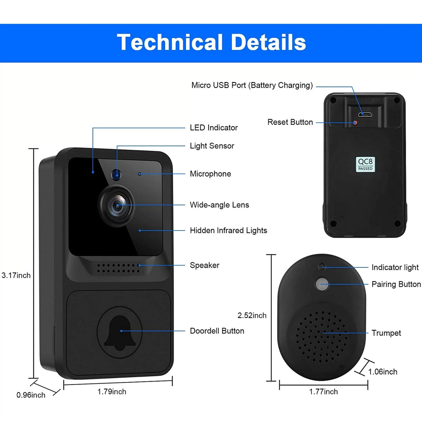 Wireless Doorbell Camera with Chime, WiFi Video Doorbell, Home Security Camera Door Bell Kits with Free Cloud Storage, Photo Capcture, Rechargeable Battery, 2-Way Audio, Real-time Alerts, Night Vision