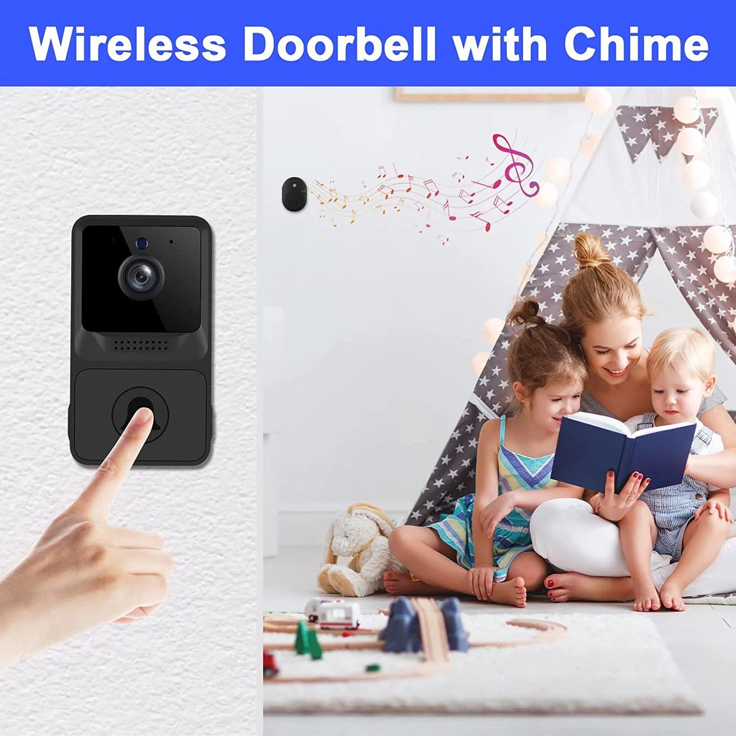 Wireless Doorbell Camera with Chime, WiFi Video Doorbell, Home Security Camera Door Bell Kits with Free Cloud Storage, Photo Capcture, Rechargeable Battery, 2-Way Audio, Real-time Alerts, Night Vision