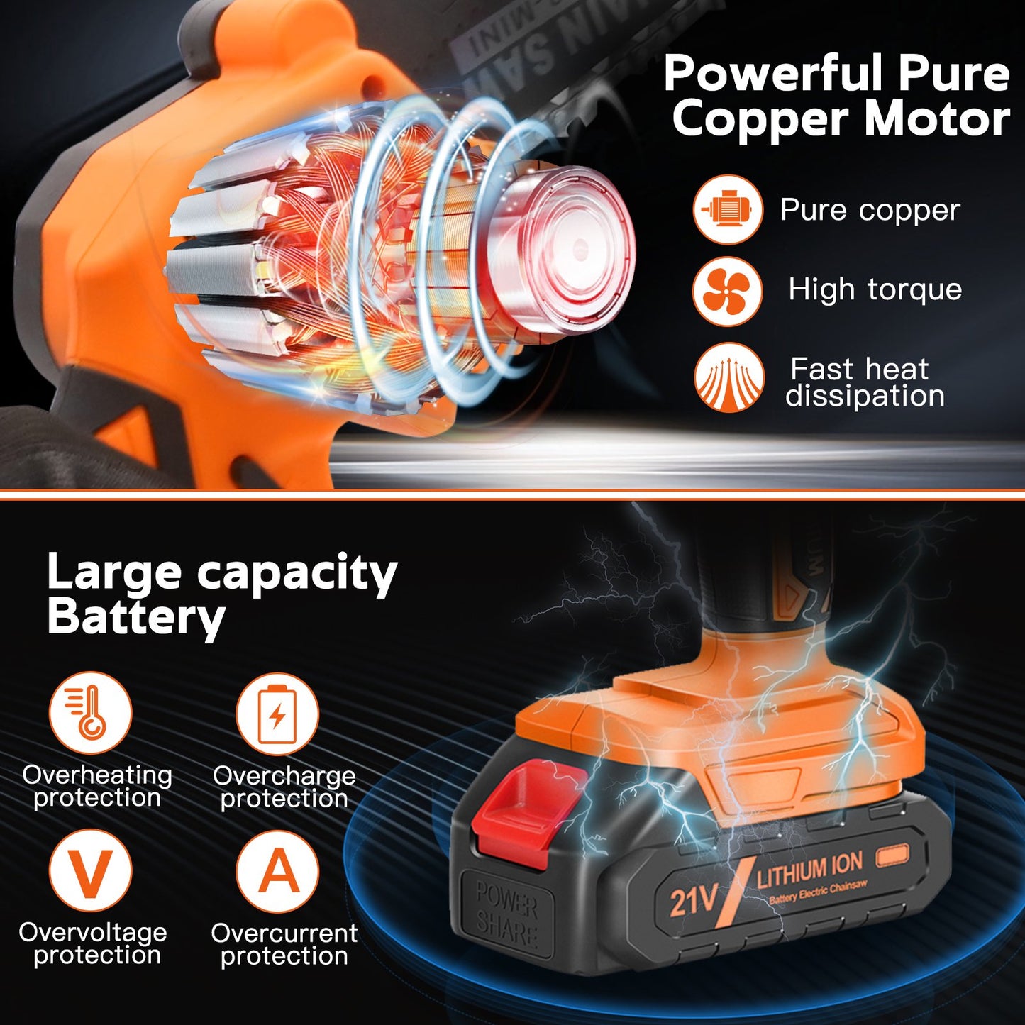 TSJUN 6-inch Cordless Portable Chainsaw with 1500mAh 21V Battery Operated, Orange