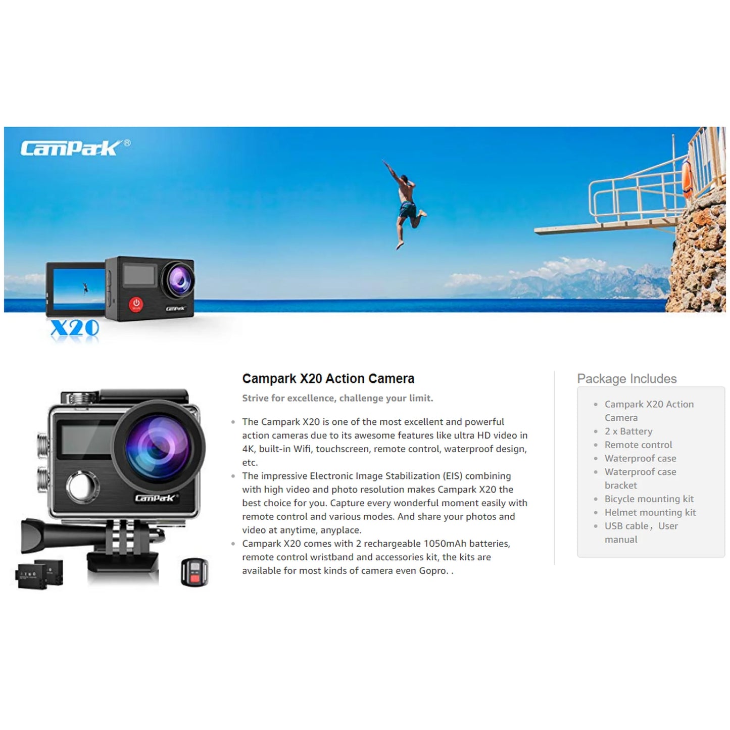 Camark X20C Action Camera Native 4K Ultra HD 20MP with EIS Stabilization Touch Screen, Digital Remote Control Waterproof Camera 40M 2 Batteries and Professional Accessories, Black