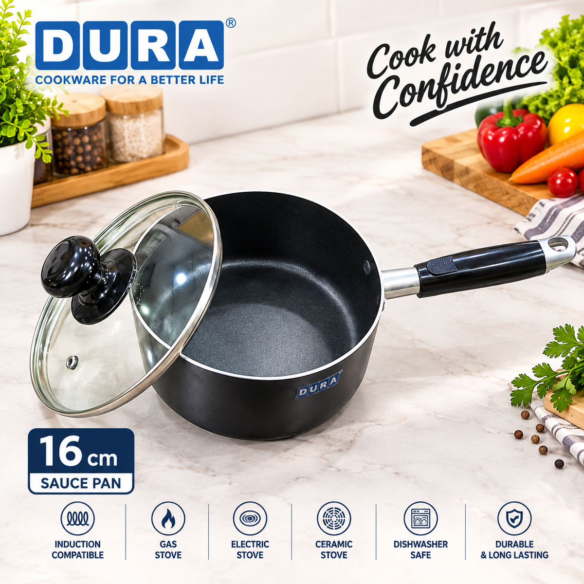 DURA Classical 16cm Non-Stick Sauce Pan with Glass Lid – Induction Compatible Cookware (Model JCNW-1670)