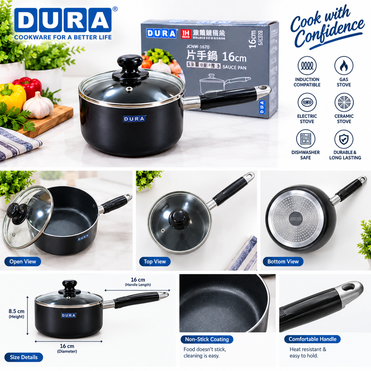 DURA Classical 16cm Non-Stick Sauce Pan with Glass Lid – Induction Compatible Cookware (Model JCNW-1670)