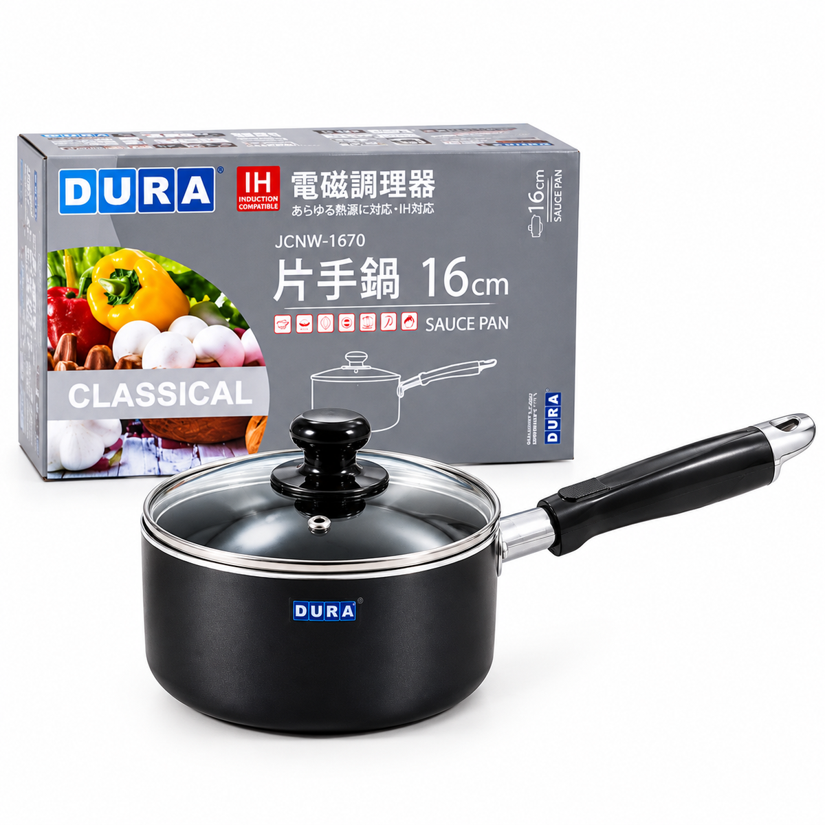 DURA Classical 16cm Non-Stick Sauce Pan with Glass Lid – Induction Compatible Cookware (Model JCNW-1670)