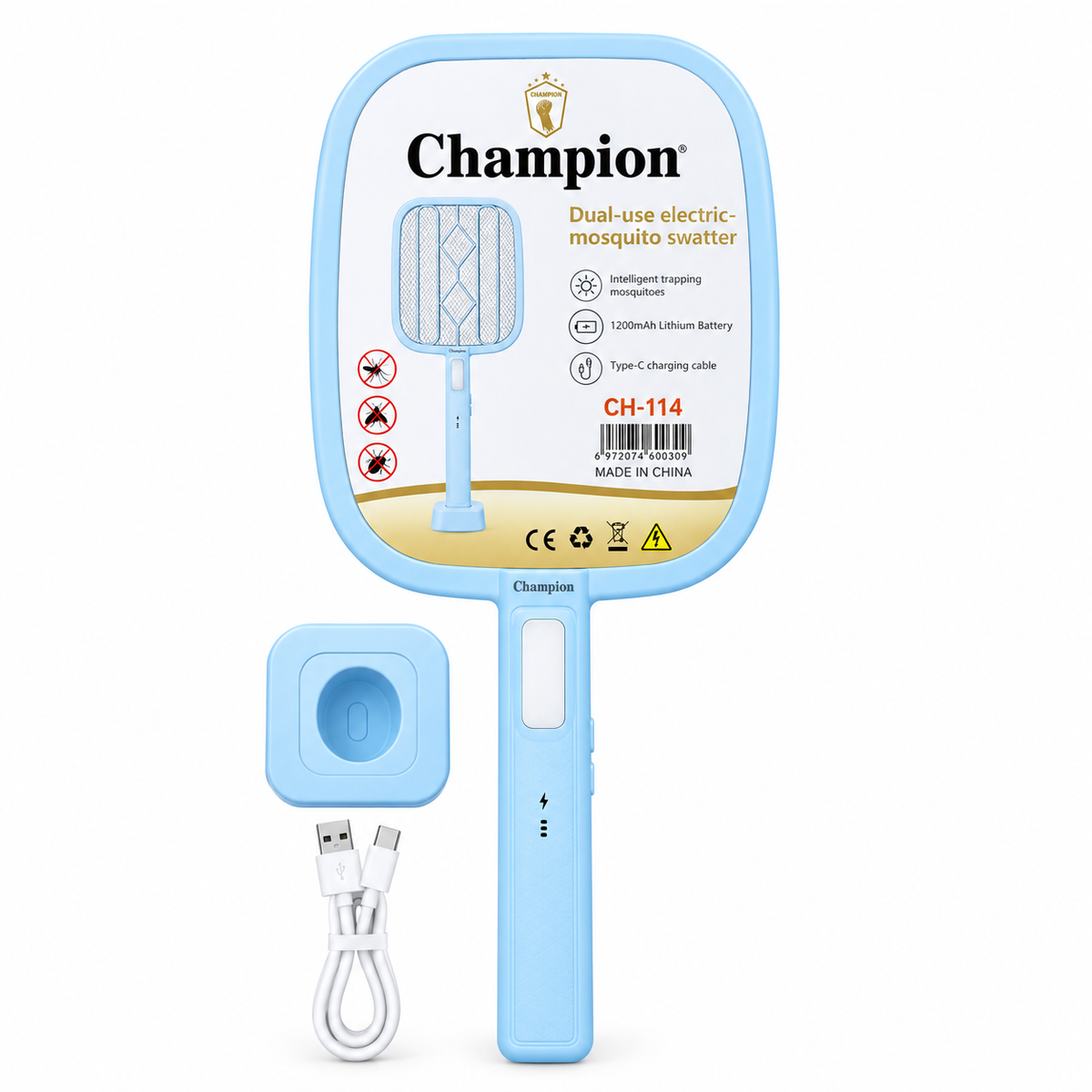 Champion 2-in-1 Rechargeable Mosquito Killer Racket Bat with LED Torch & Charging Stand – 1200mAh, Type-C (CH-114 / CH-112)