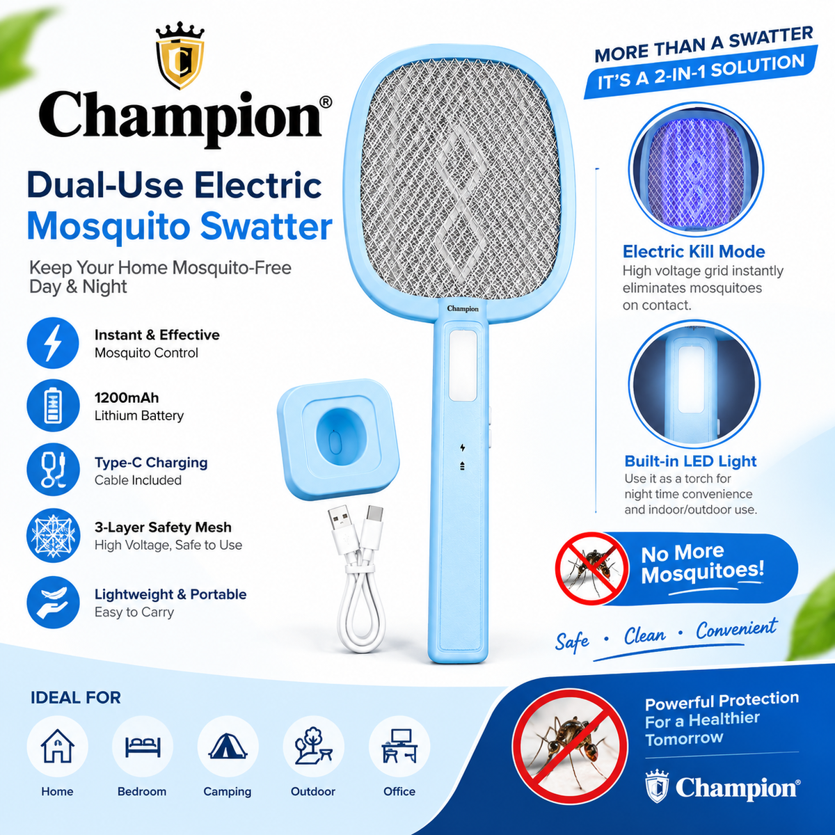 Champion 2-in-1 Rechargeable Mosquito Killer Racket Bat with LED Torch & Charging Stand – 1200mAh, Type-C (CH-114 / CH-112)