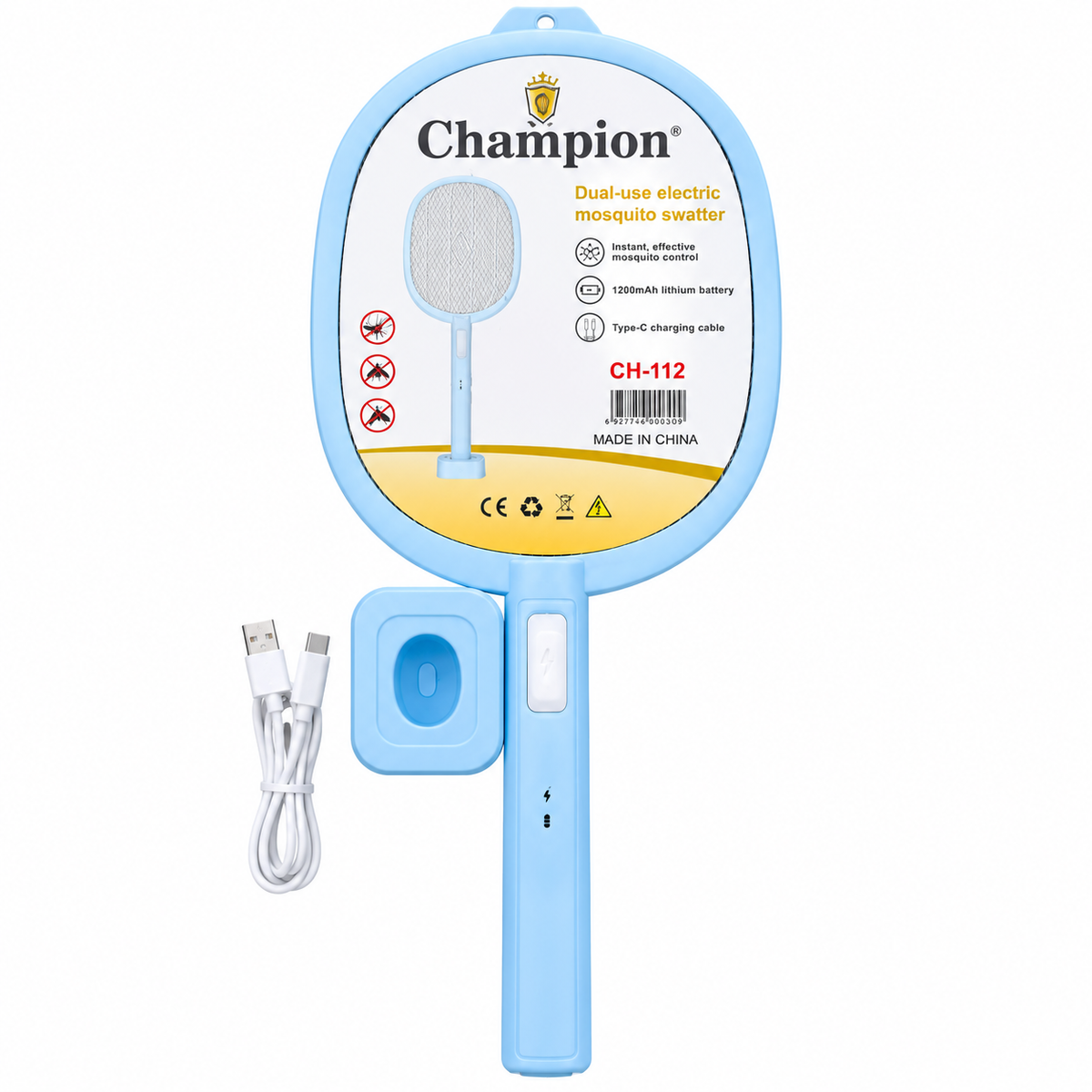 Champion 2-in-1 Rechargeable Mosquito Killer Racket Bat with LED Torch & Charging Stand – 1200mAh, Type-C (CH-114 / CH-112)