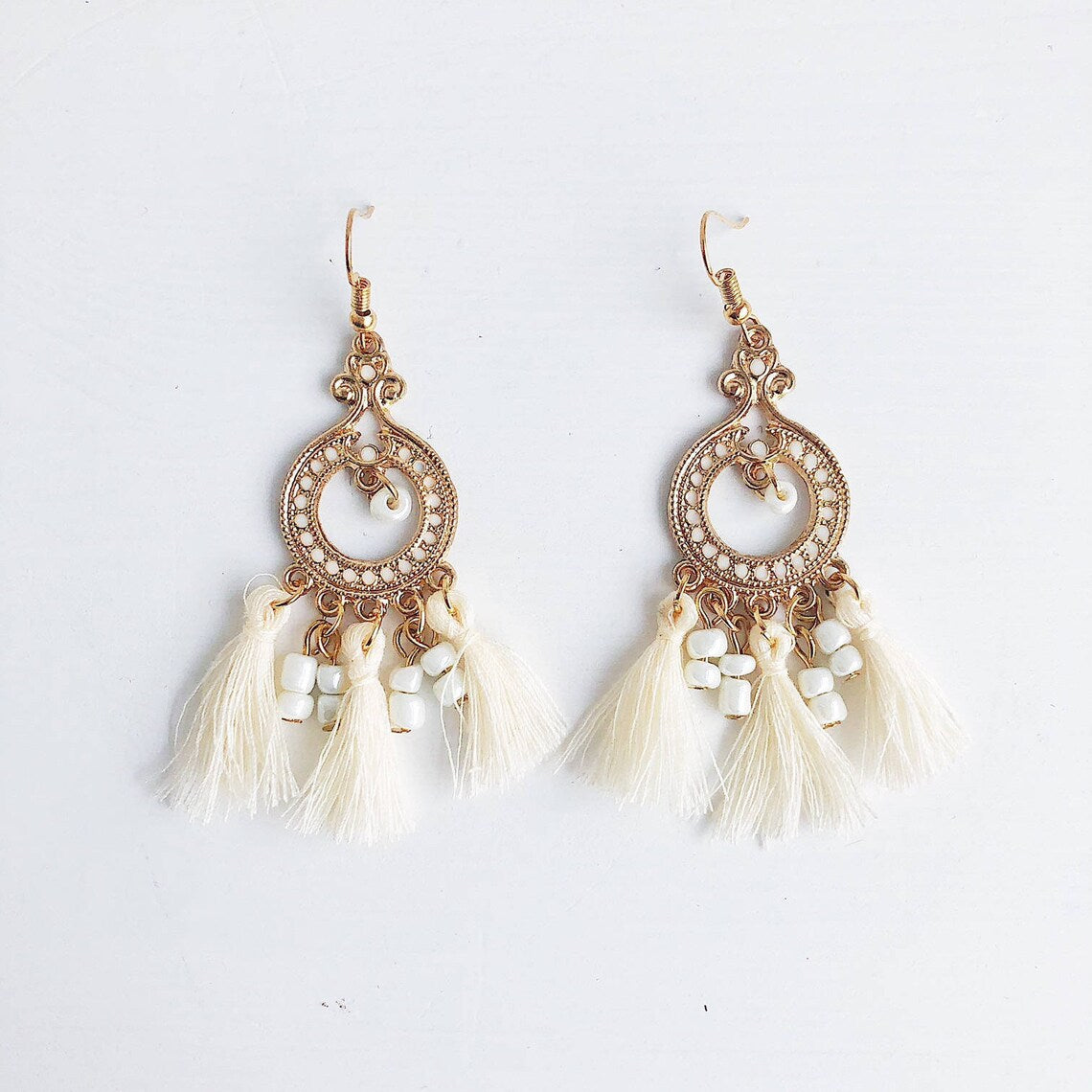 Ankara Tassel Earrings - White. Gold Statement Earrings. Boho Earrings.