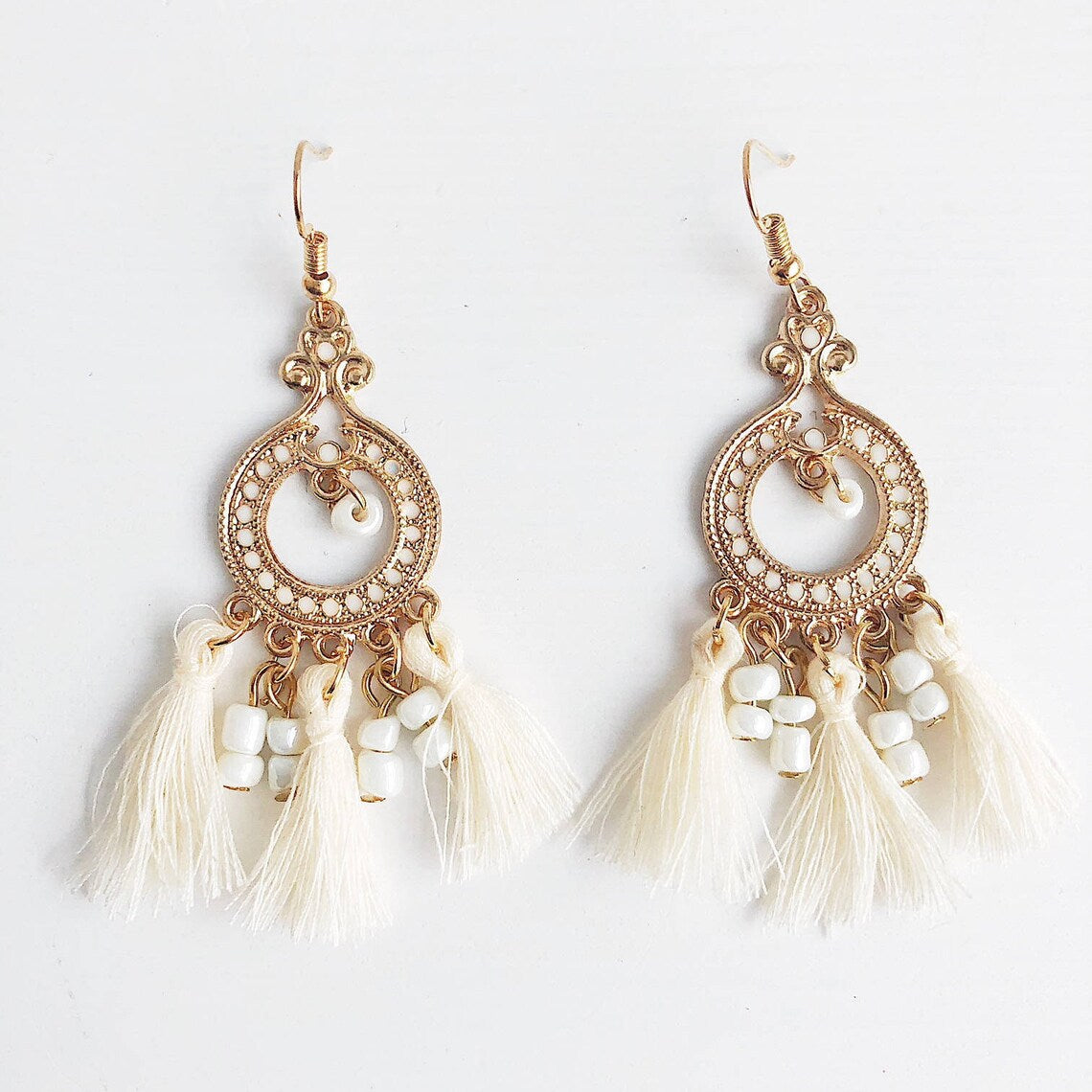 Ankara Tassel Earrings - White. Gold Statement Earrings. Boho Earrings.