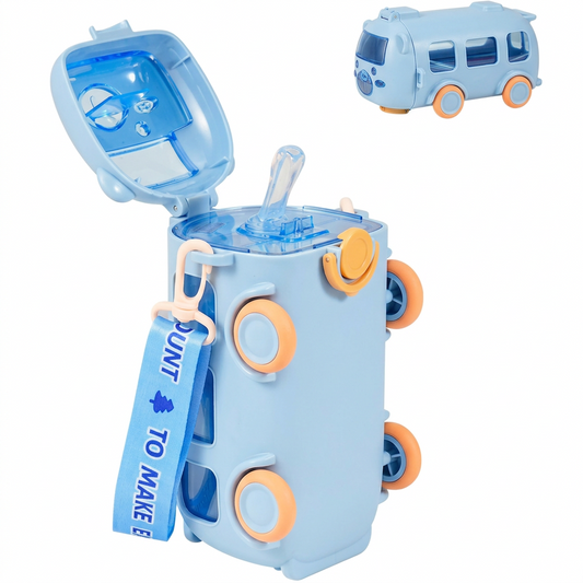Bus Water Bottle For Kids Cute Portable Water Cup in Bus Shape 500ml Leakproof Toy Bus Water Bottle with Straw Adjustable Shoulder Strap for Girls Boys School Home Outdoor Drinking Bottle(blue)