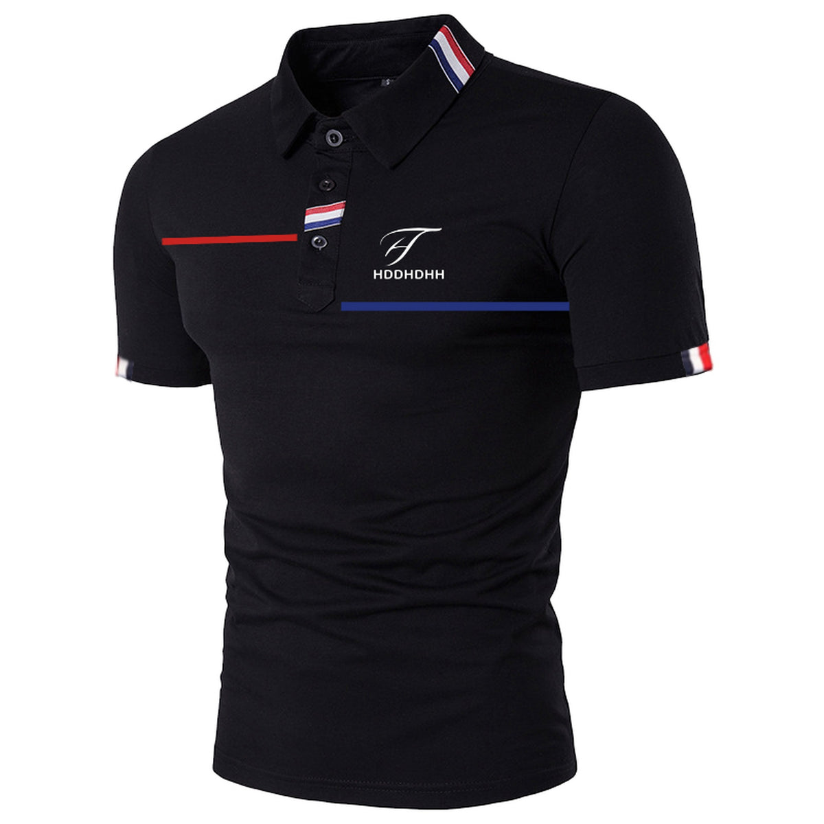 Men's Premium Black Polo Shirt – Slim Fit Short Sleeve Casual Golf T-Shirt with Red White Blue Striped Collar, Placket & Cuffs | Breathable Summer Office Polo for Men – XL