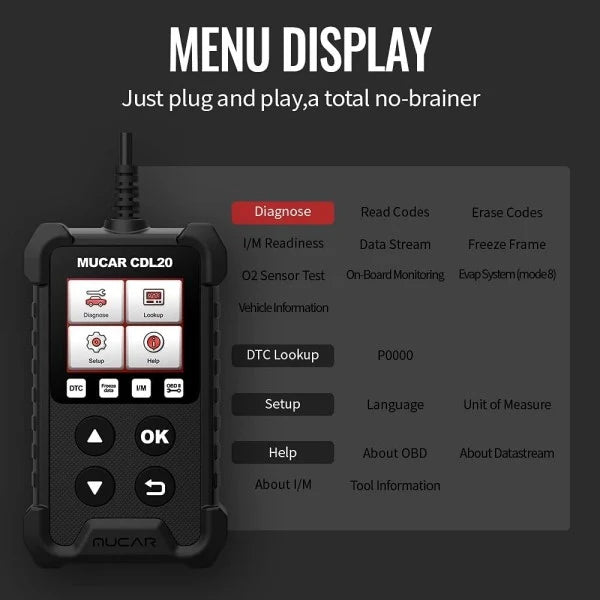 MUCAR CDL20 Universal OBD2 Scanner, Check Engine Car Code Reader with Full OBD2 Functions, Vehicle Info/MIL/EVAP/Freeze Frame/DTC Library, Diagnostic Scan Tool for All OBD II & EOBD Cars After 1996
