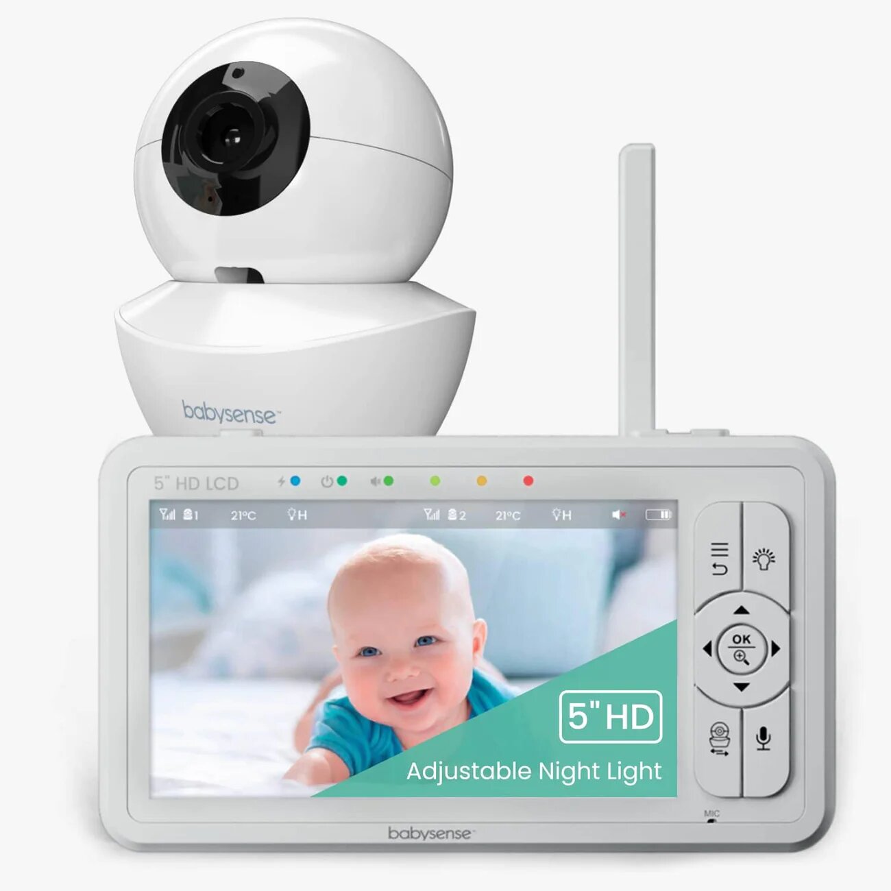 Babysense 5" HD Split-Screen Baby Monitor, Video Baby Monitor with Camera and Audio, Two HD Cameras with Remote PTZ, Night Light, 960ft Range, Two-Way Audio, 4X Zoom, Night Vision, 4000mAh Battery