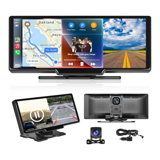 Dual Dash Cam Full HD 1080p Wireless Car Stereo with Apple CarPlay, Dash Cam, and 1080P Backup Camera. Portable Touchscreen GPS Navigation for Car, Bluetooth, AirPlay, AUX/FM, Google, Siri. Car Stereo Receiver