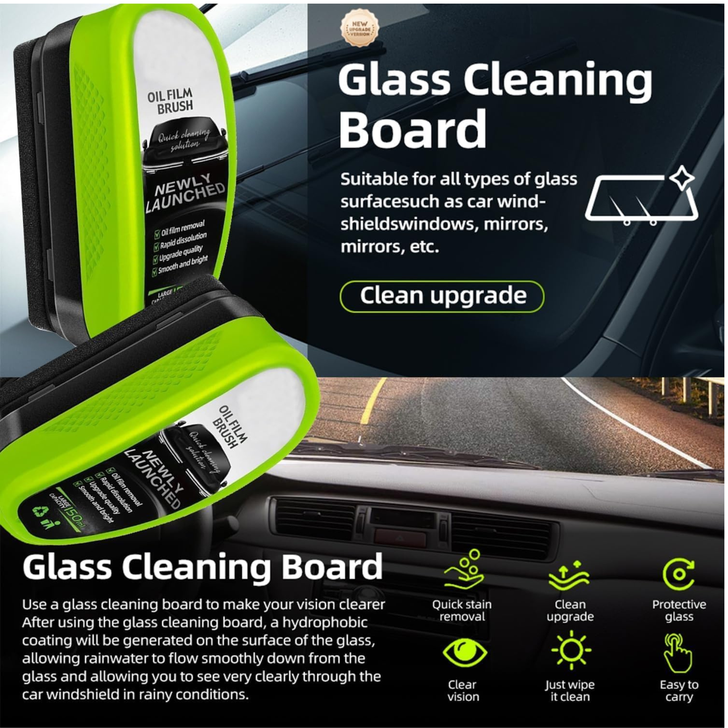 2025 New 2.0 Green Oil Film Wipe, Automotive Oil Film Cleaning Brush, 150ml Oil Film Remover for car, Windshield Cleaner Tool, Glass Oil Film Remover, Improves Clarity (1pcs)