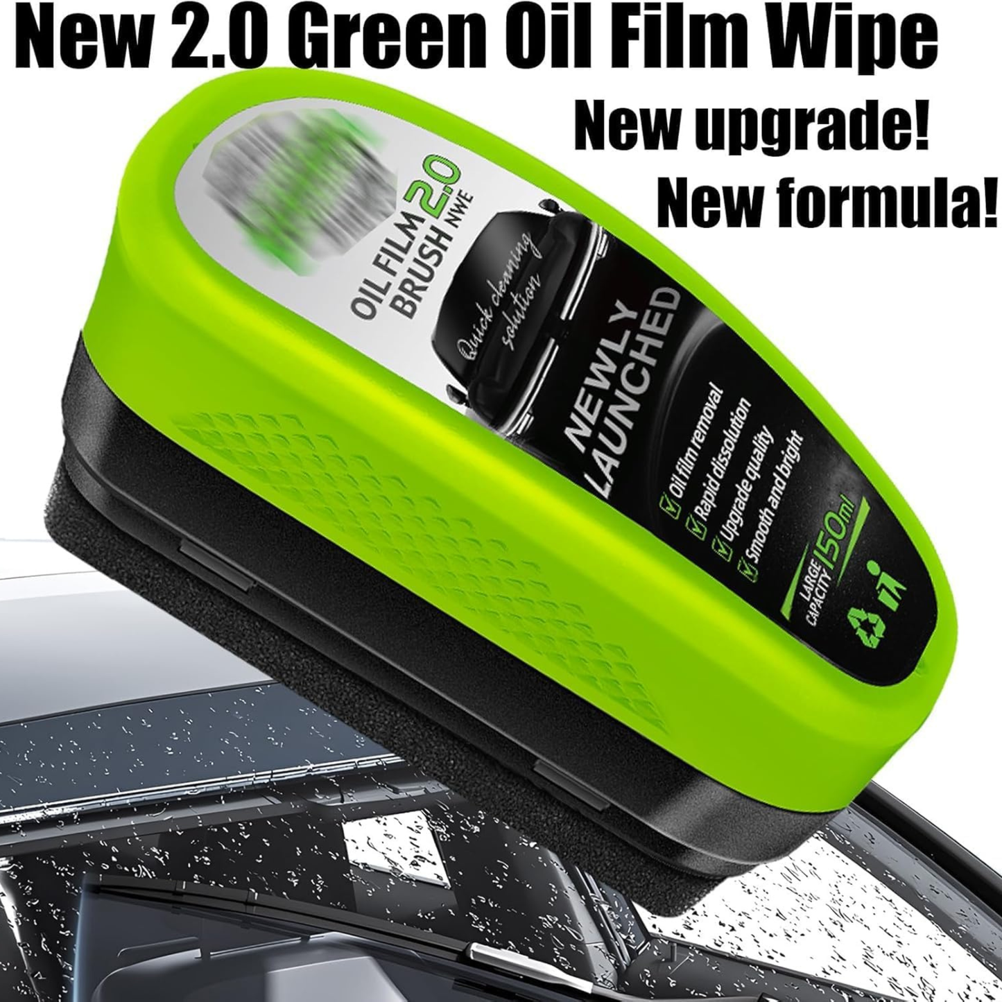 2025 New 2.0 Green Oil Film Wipe, Automotive Oil Film Cleaning Brush, 150ml Oil Film Remover for car, Windshield Cleaner Tool, Glass Oil Film Remover, Improves Clarity (1pcs)