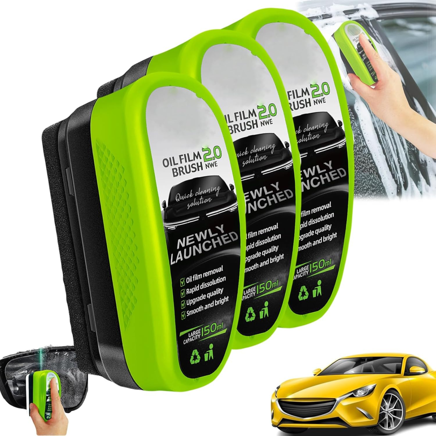 2025 New 2.0 Green Oil Film Wipe, Automotive Oil Film Cleaning Brush, 150ml Oil Film Remover for car, Windshield Cleaner Tool, Glass Oil Film Remover, Improves Clarity (1pcs)