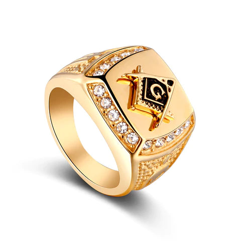 18K Gold Stainless steel freemason ring cz diamond ring Men Gold Masonic ring Wedding and Engagement Jewellery