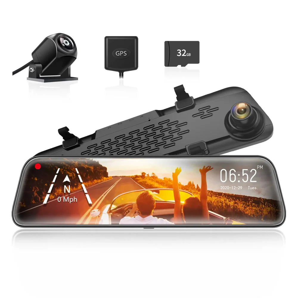 WOLFBOX G840S 12" 4K Mirror DashCam, 2160P Car Camera Rearview Mirror, with Front and Rear View Cameras, G-Sensor, Night Vision, with 32GB Card