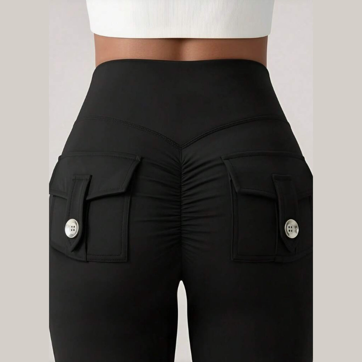 Women's High Waist Wide Leg Flare Yoga Pants – Black Tummy Control Scrunch Butt Lifting Bootcut Trousers with Flap Button Back Pockets | Stretchy Casual Office, Gym & Workout Palazzo Pants – Size L