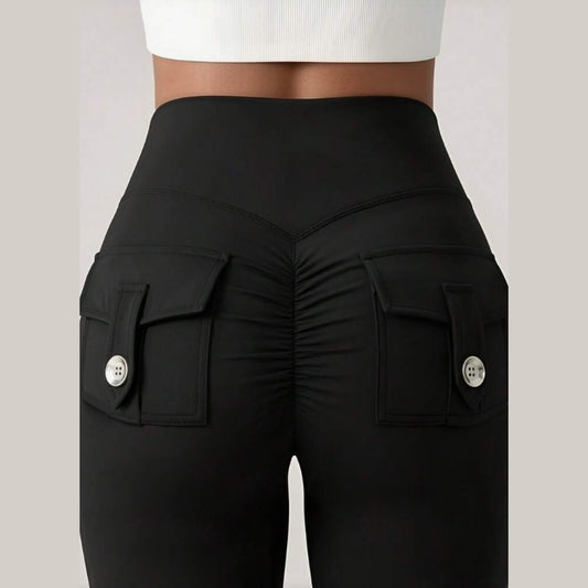 Women's High Waist Wide Leg Flare Yoga Pants – Black Tummy Control Scrunch Butt Lifting Bootcut Trousers with Flap Button Back Pockets | Stretchy Casual Office, Gym & Workout Palazzo Pants – Size L