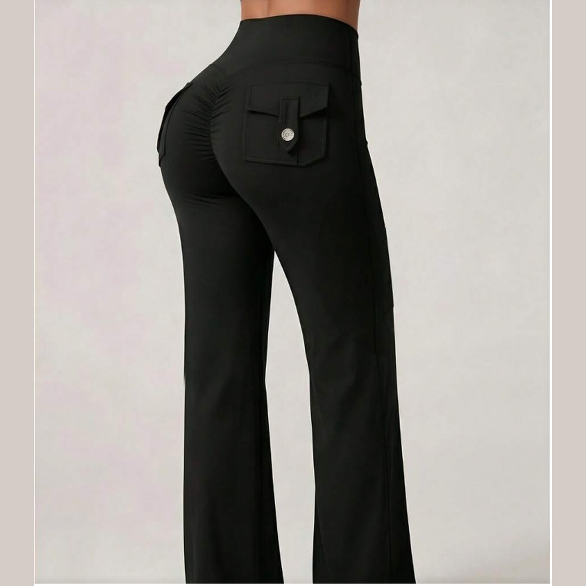 Women's High Waist Wide Leg Flare Yoga Pants – Black Tummy Control Scrunch Butt Lifting Bootcut Trousers with Flap Button Back Pockets | Stretchy Casual Office, Gym & Workout Palazzo Pants – Size L