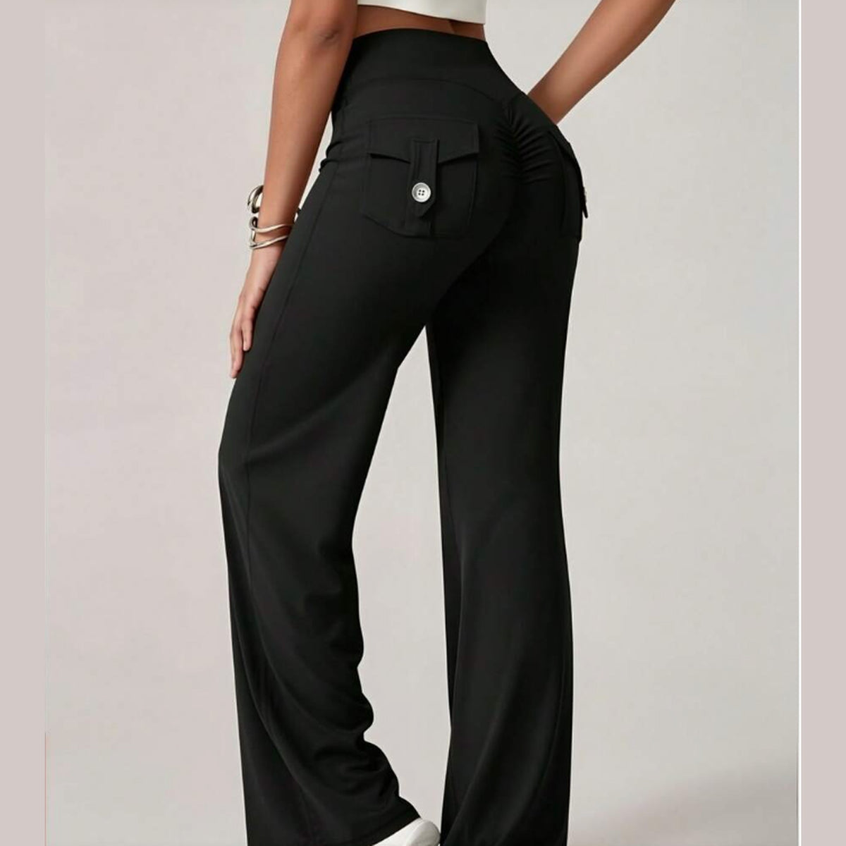 Women's High Waist Wide Leg Flare Yoga Pants – Black Tummy Control Scrunch Butt Lifting Bootcut Trousers with Flap Button Back Pockets | Stretchy Casual Office, Gym & Workout Palazzo Pants – Size L