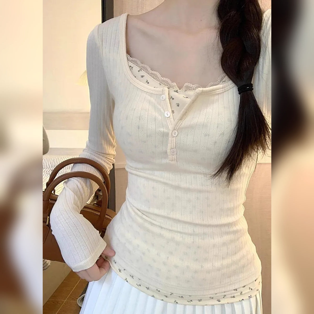 Women's Floral Lace Layered Henley Neck Long Sleeve T-Shirt – Apricot Korean Style Slim Fit Button Front Top | Stretchy Soft Casual Blouse for Office, University & Everyday Wear – Size M