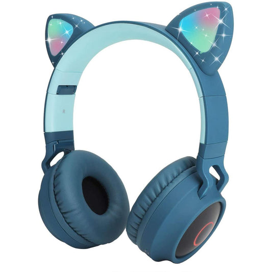 Kids Cat Ear Headphones,Wireless Bluetooth Headphones with Flashing Led Light, SD Card Slot, FM,3.5 mm Audio Jack Wired Kids On Ear Headphones for Boys Girls Adults(Dark Blue)