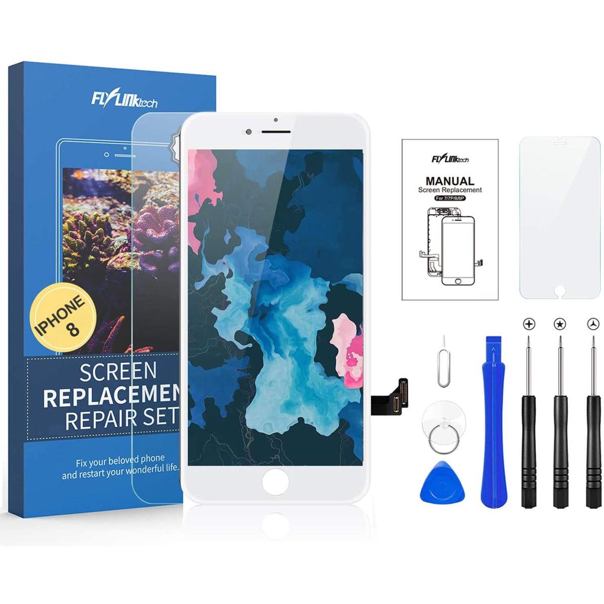 Flylinktech for IPhone 8 Screen Replacement, Compatible with iPhone 8 LCD Screen Replacement & Repair Tool Kit (White, 4.7Inch, with Model A1863/A1905/A1906)